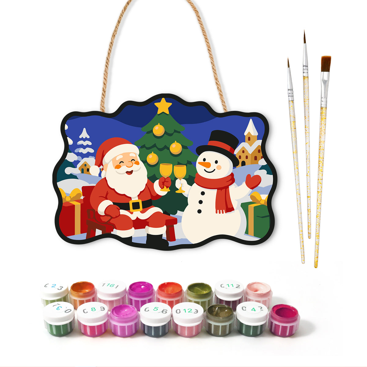 Santa and snowman toast paint by numbers door hanger with paints and brushes