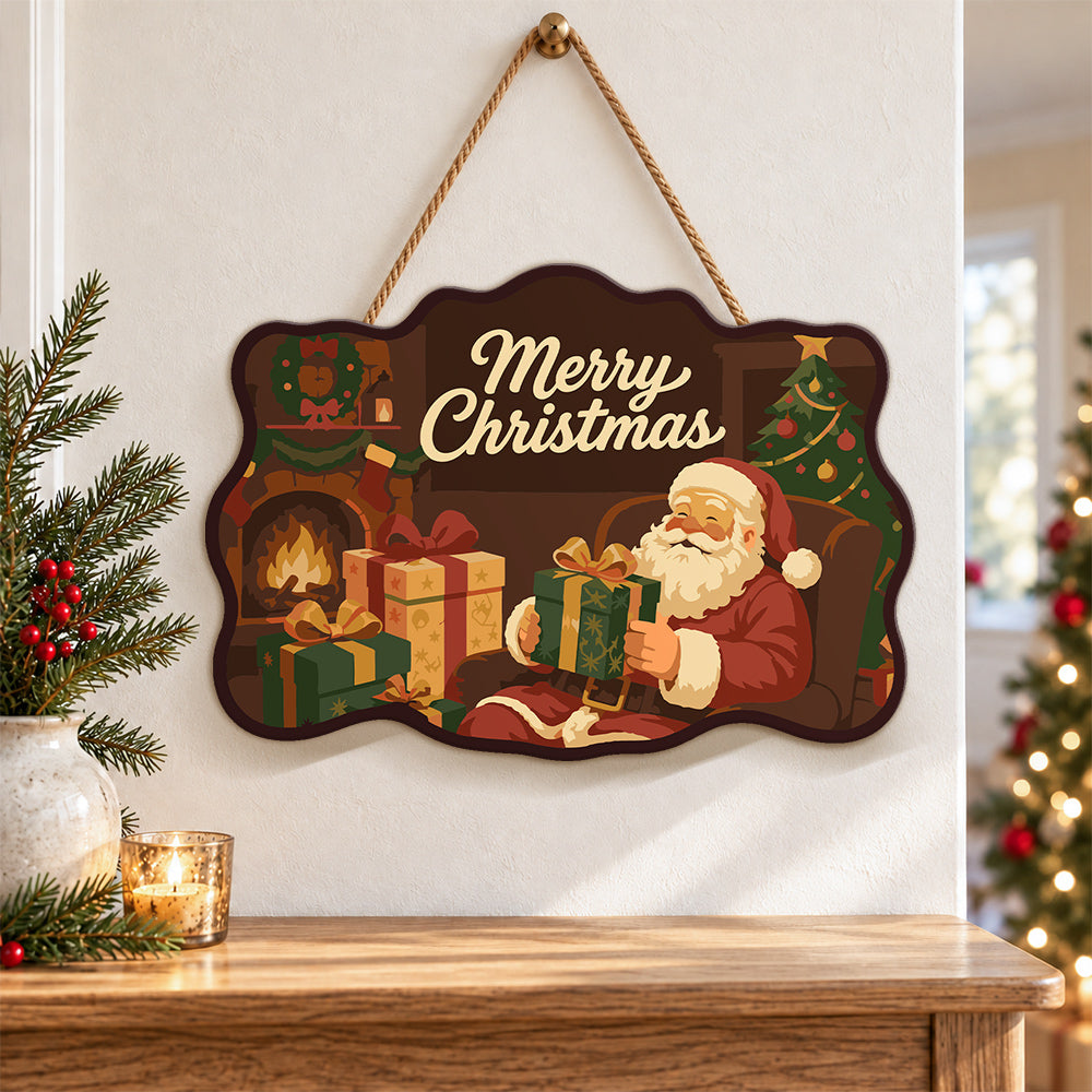 Santa by fireplace paint by numbers door hanger as indoor wall decor