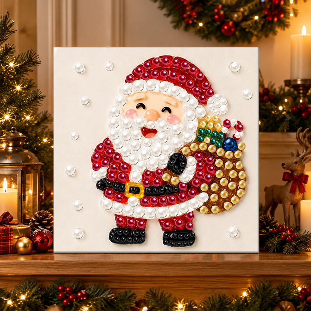 Finished santa carrying gift pouch pearl diamond painting artwork displayed as holiday home decor