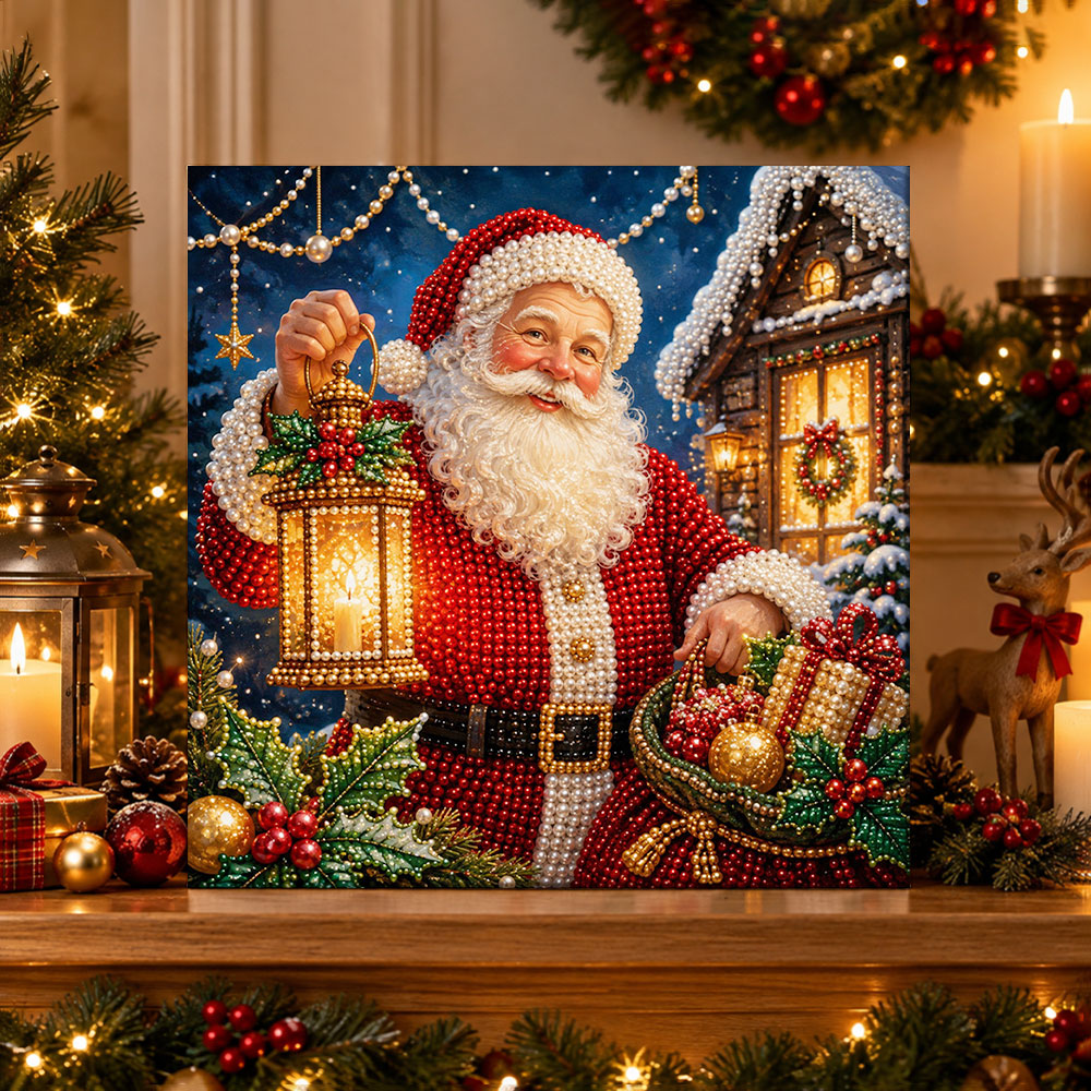 Finished santa carrying luminous lantern pearl diamond painting artwork displayed as holiday home decor