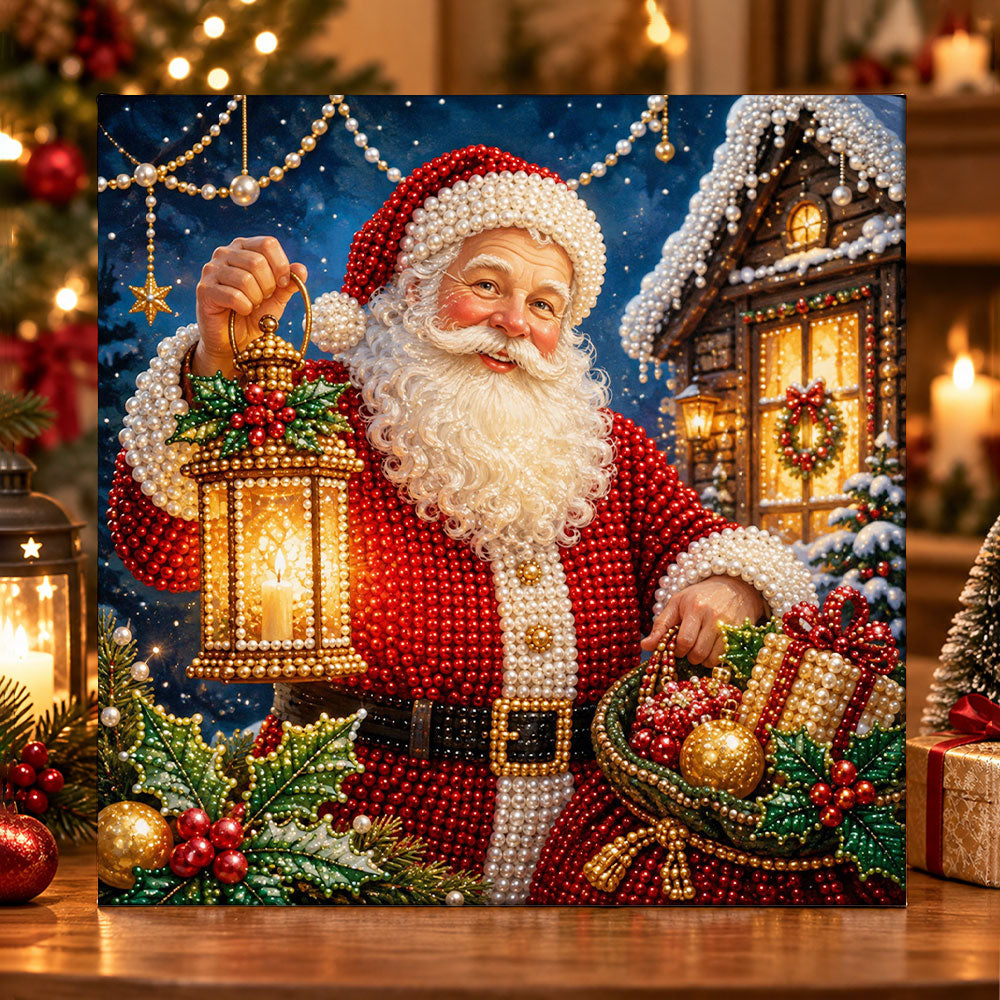 Santa carrying luminous lantern pearl diamond painting kit for beginners
