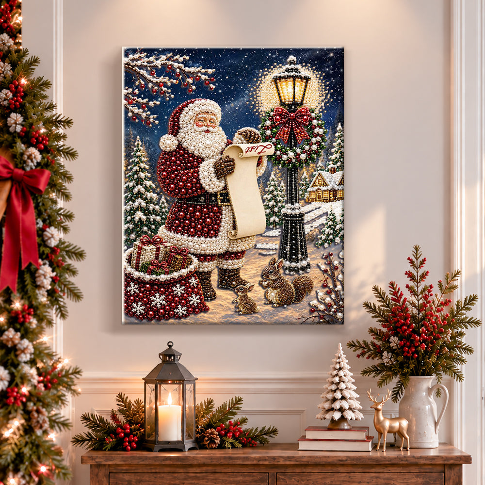 Finished santa checking wish list pearl diamond painting artwork displayed as holiday home decor