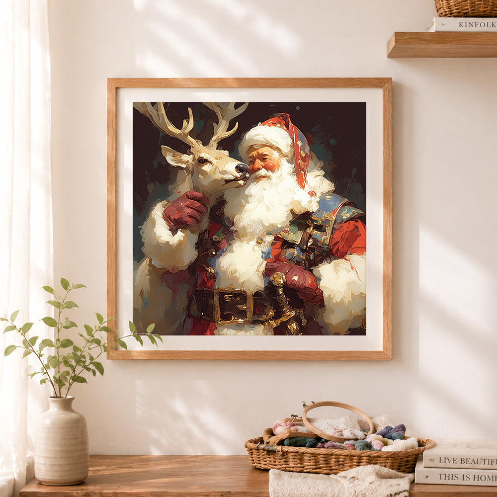 Finished santa claus and reindeer cross stitch artwork displayed as home decor