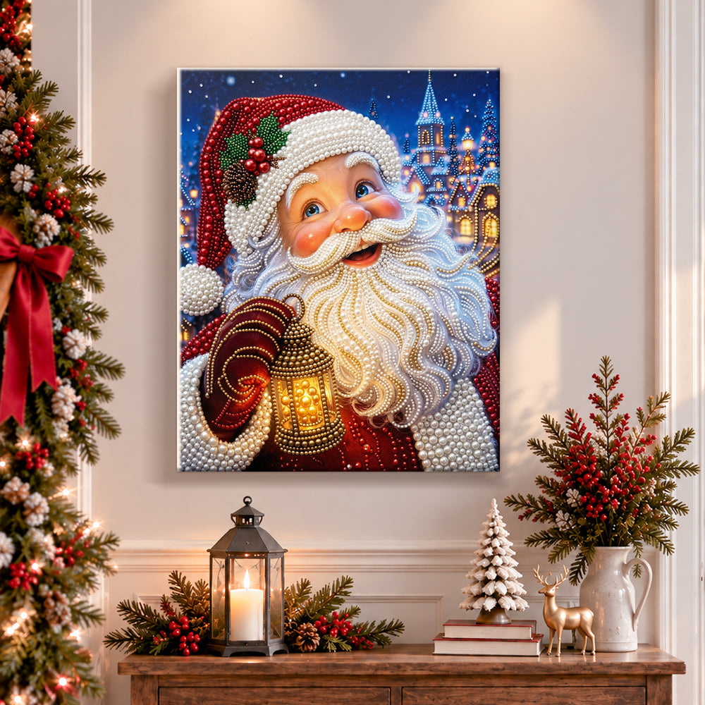 Finished santa claus holding lantern pearl diamond painting artwork displayed as holiday home decor