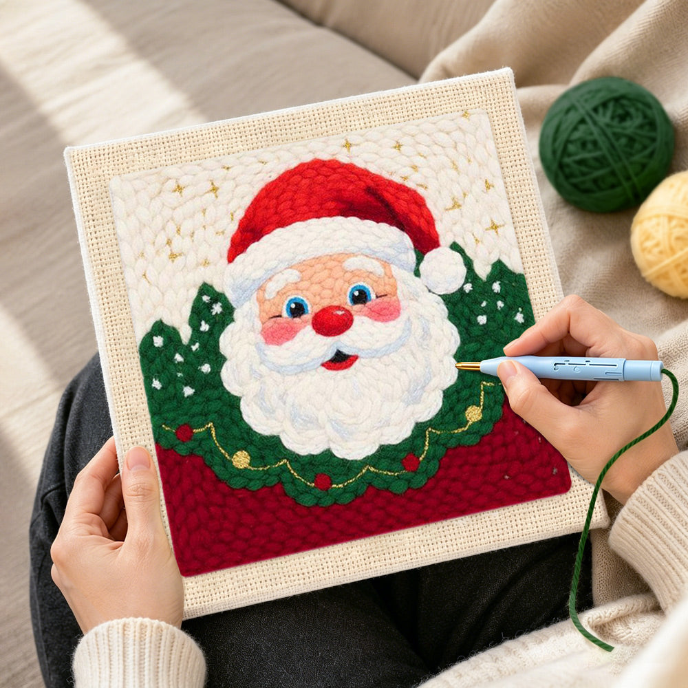 Creating handmade santa claus portrait punch needle artwork