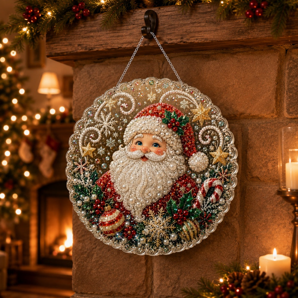 Finished santa claus with candy cane pearl diamond painting artwork displayed as holiday home decor