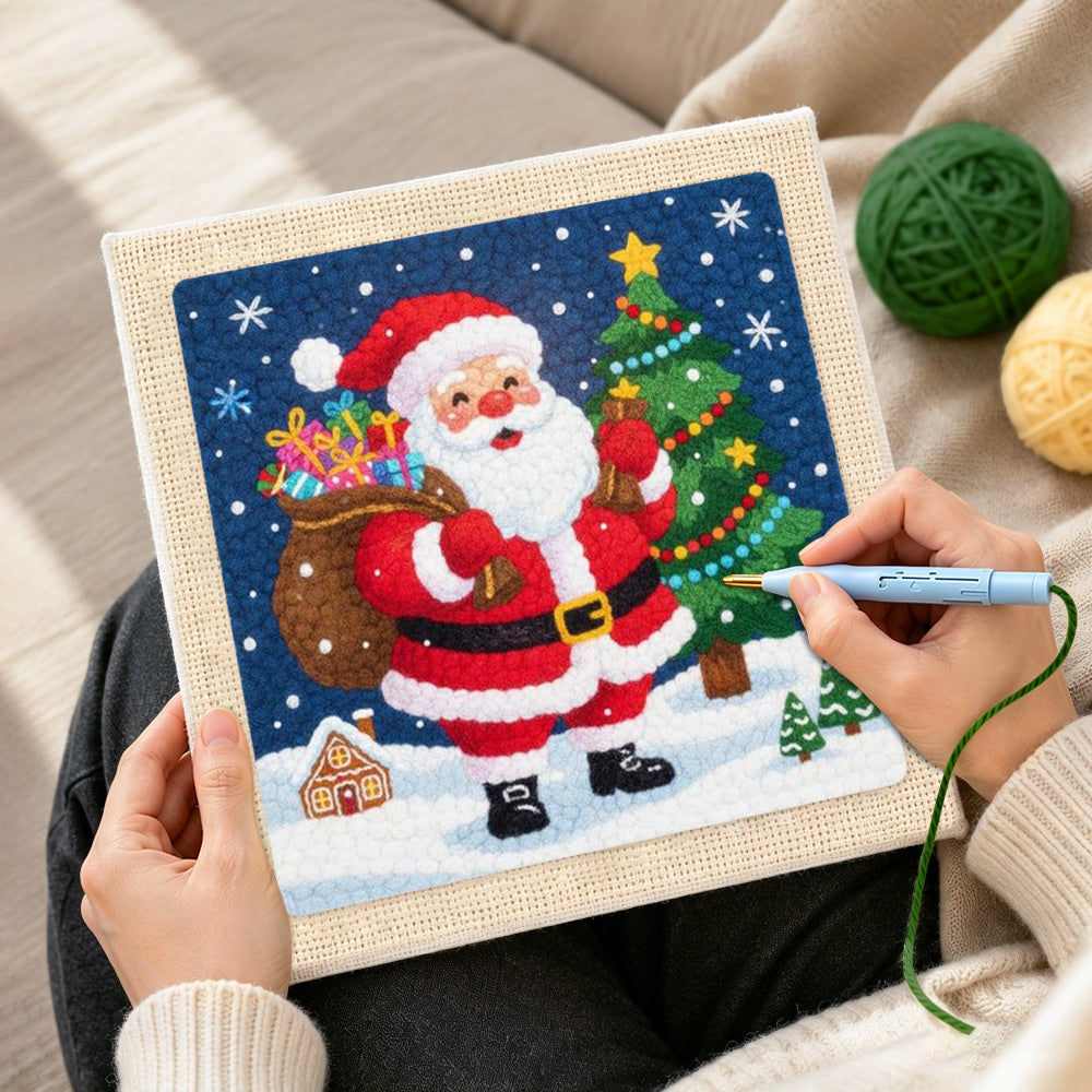 Creating handmade santa claus with gift sack punch needle artwork