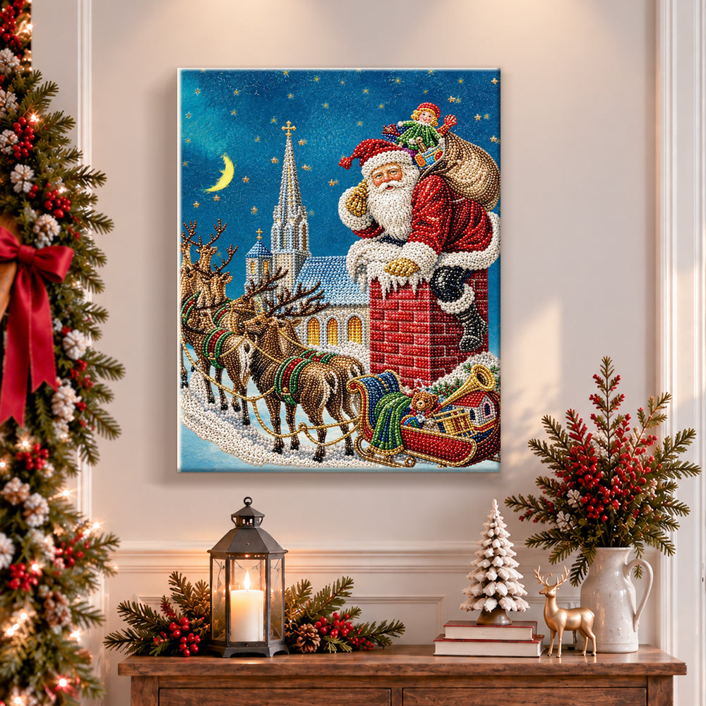 Finished santa climbing down chimney pearl diamond painting artwork displayed as holiday home decor