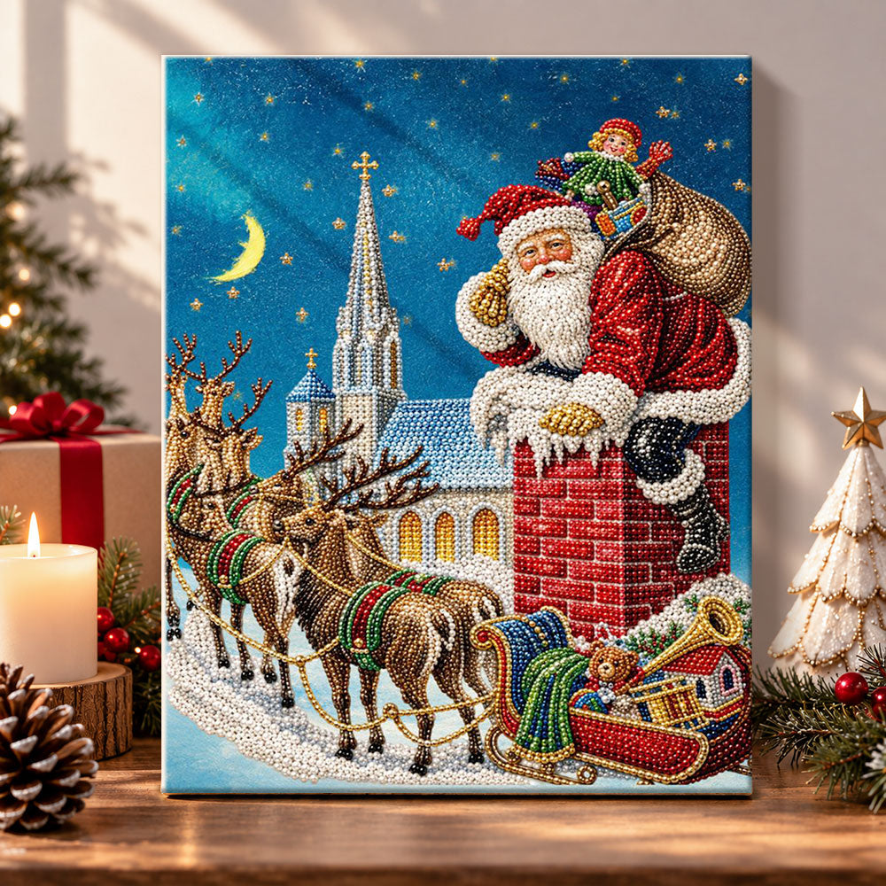 Santa climbing down chimney pearl diamond painting kit for beginners