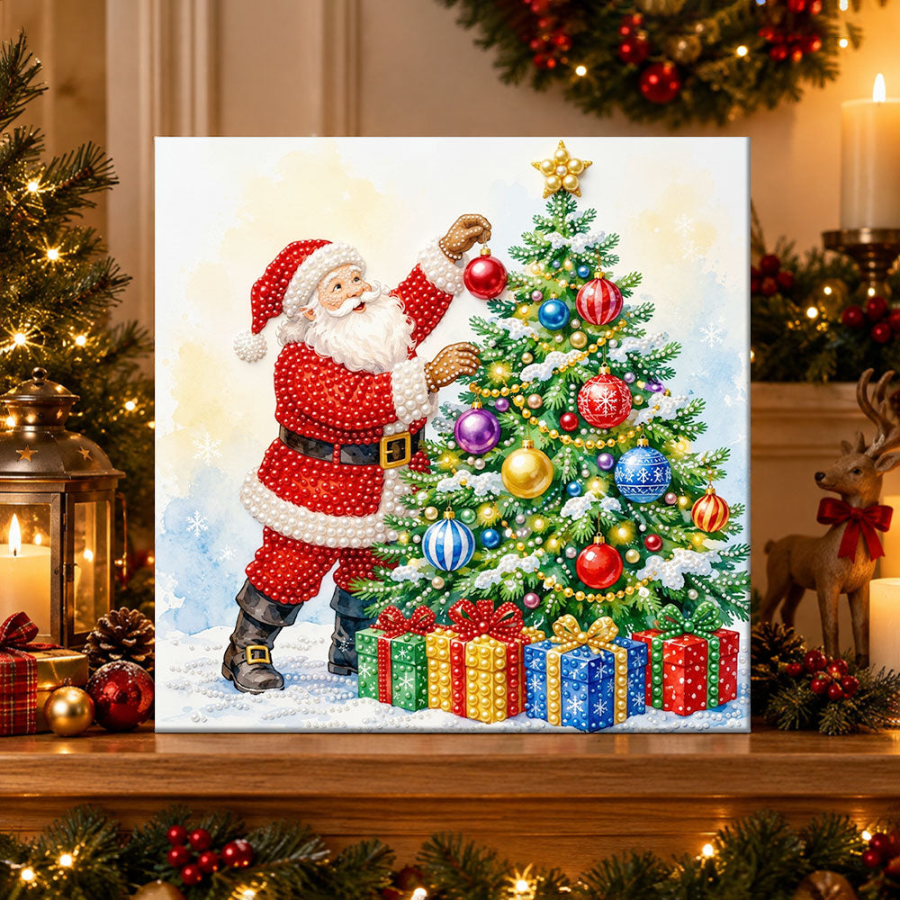 Finished santa decorating christmas tree pearl diamond painting artwork displayed as holiday home decor