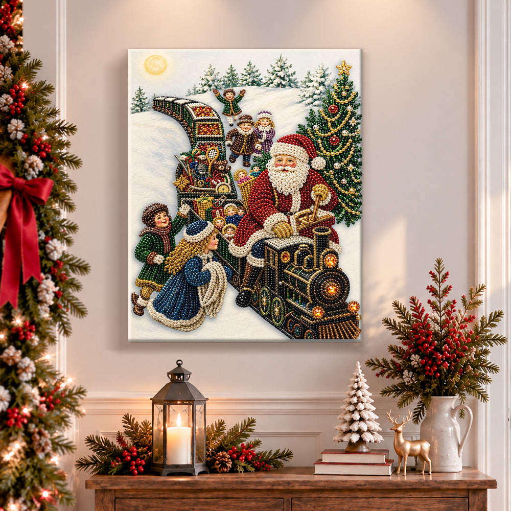 Finished santa driving christmas train pearl diamond painting artwork displayed as holiday home decor