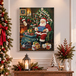 Finished santa enjoying christmas gifts pearl diamond painting artwork displayed as holiday home decor