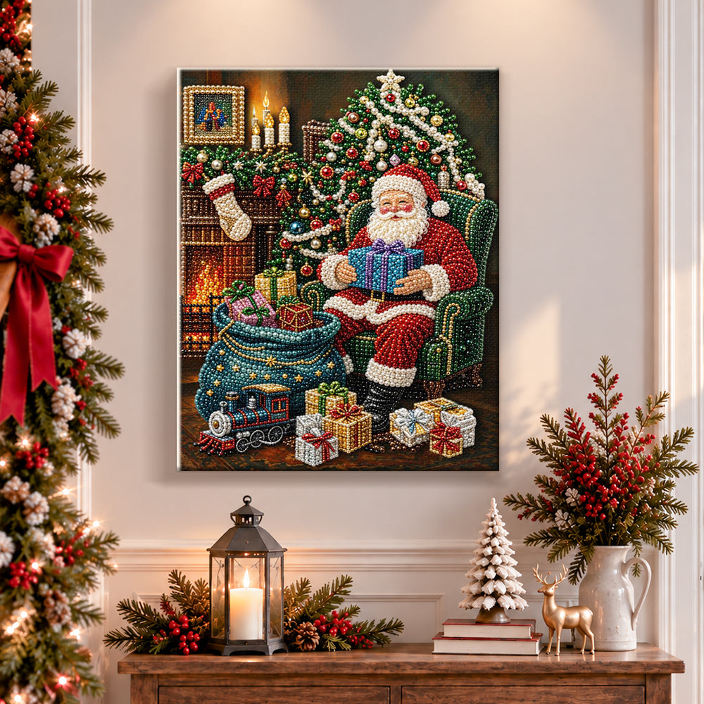 Finished santa enjoying christmas gifts pearl diamond painting artwork displayed as holiday home decor