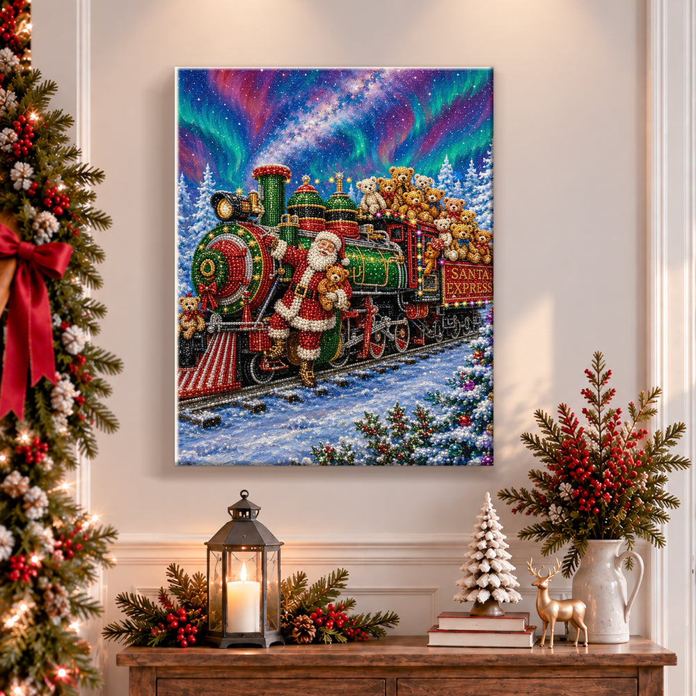 Finished santa express polar train pearl diamond painting artwork displayed as holiday home decor