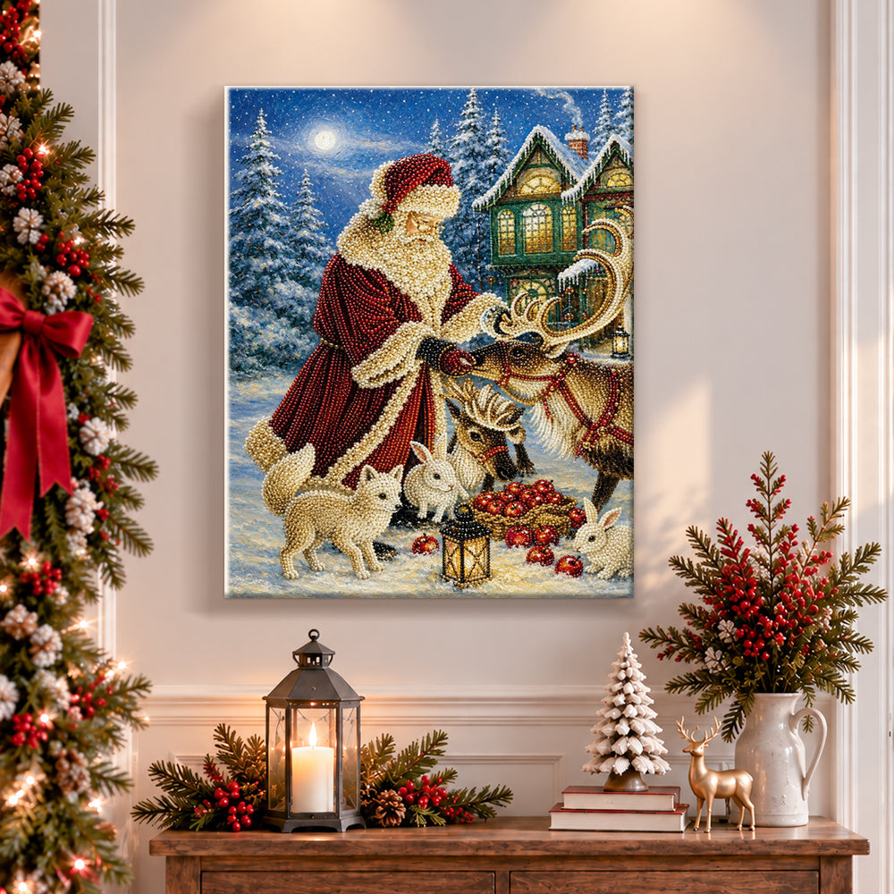 Finished santa feeding reindeer at night pearl diamond painting artwork displayed as holiday home decor