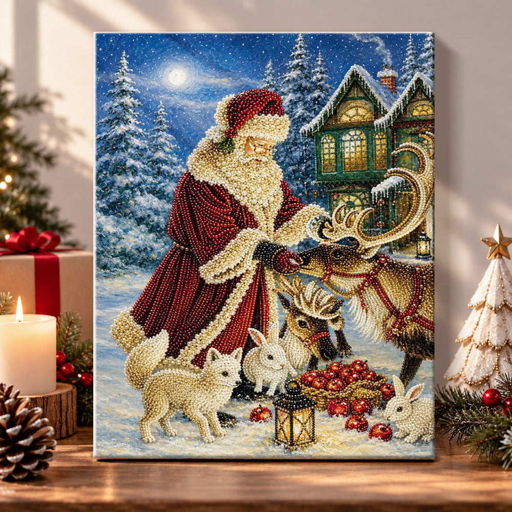 Santa feeding reindeer at night pearl diamond painting kit for beginners