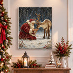 Finished santa feeding reindeer in snow pearl diamond painting artwork displayed as holiday home decor