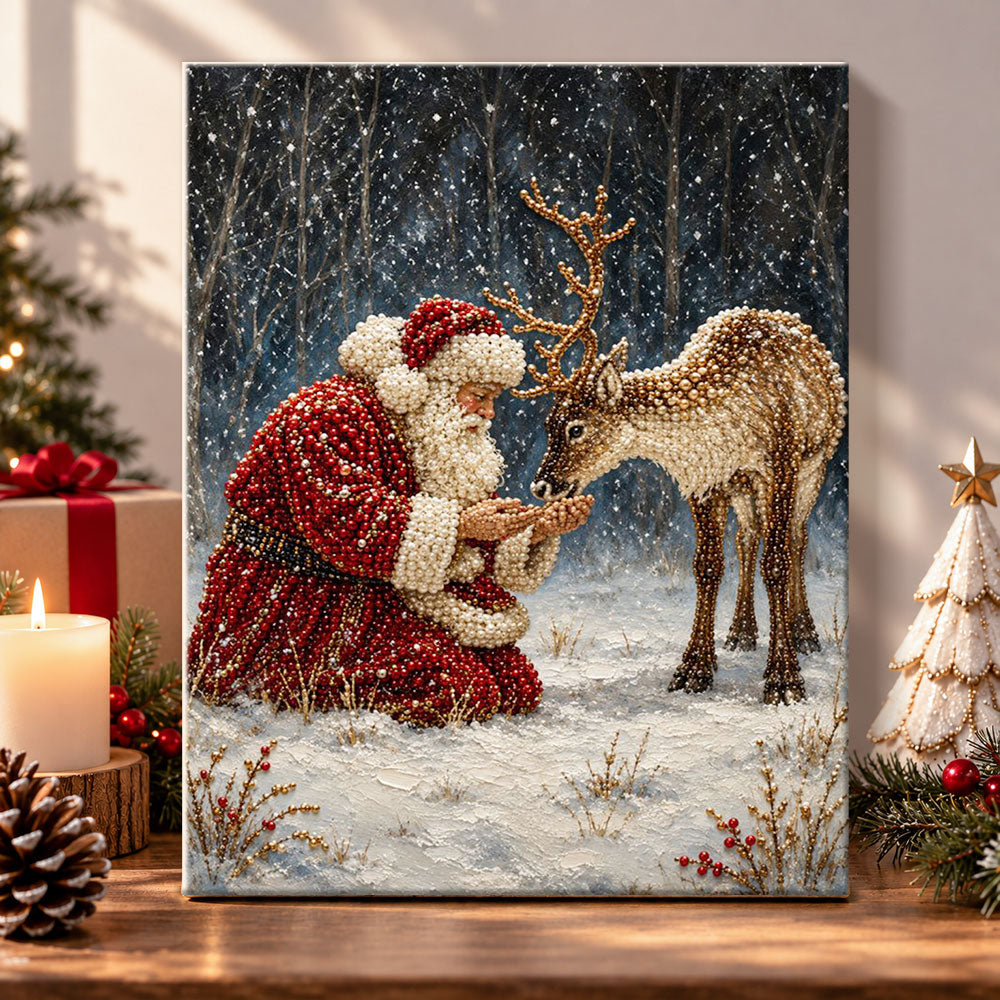 Santa feeding reindeer in snow pearl diamond painting kit for beginners