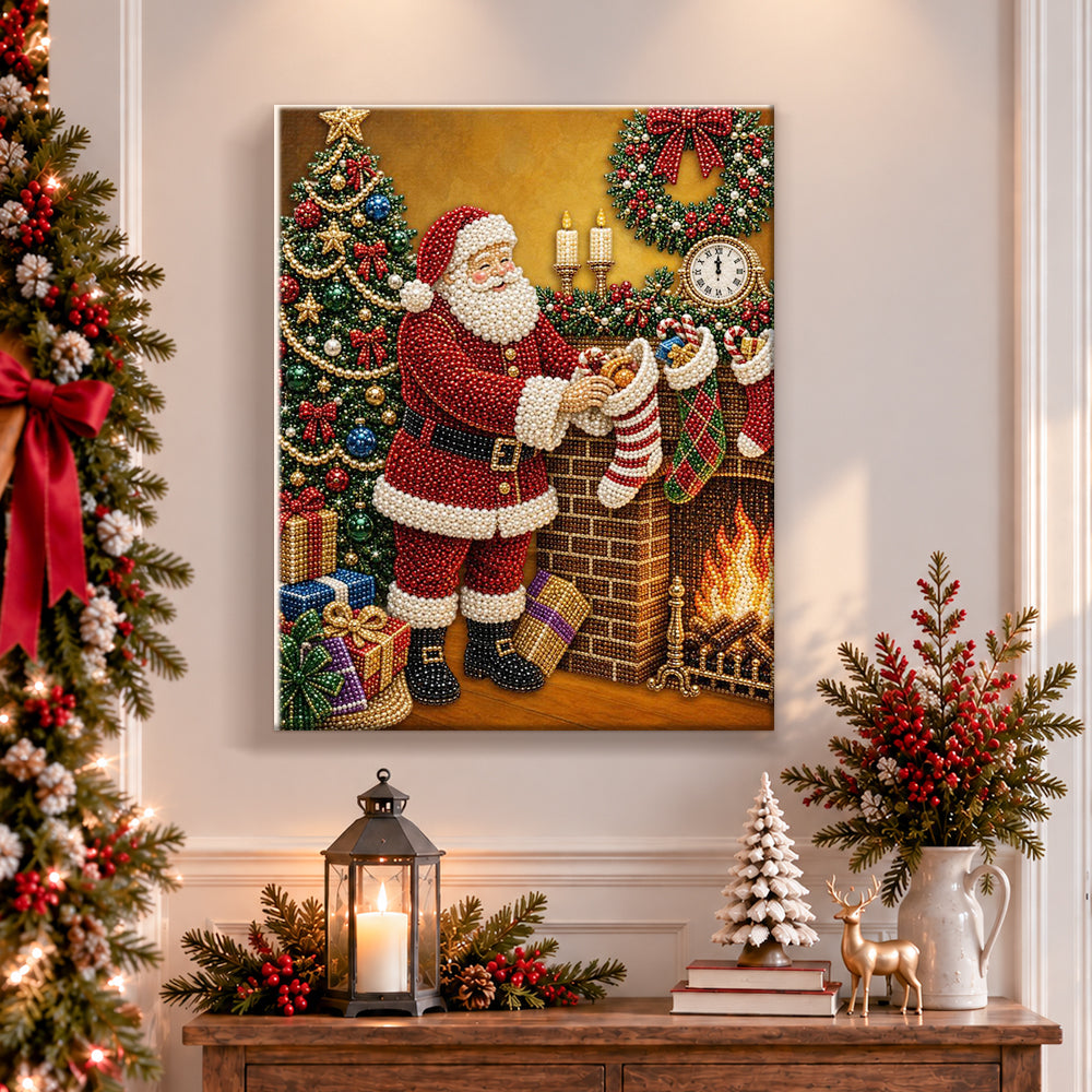 Finished santa filling stockings by fireplace pearl diamond painting artwork displayed as holiday home decor