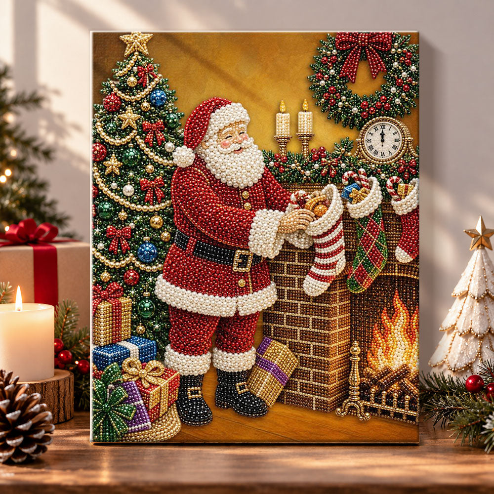 Santa filling stockings by fireplace pearl diamond painting kit for beginners