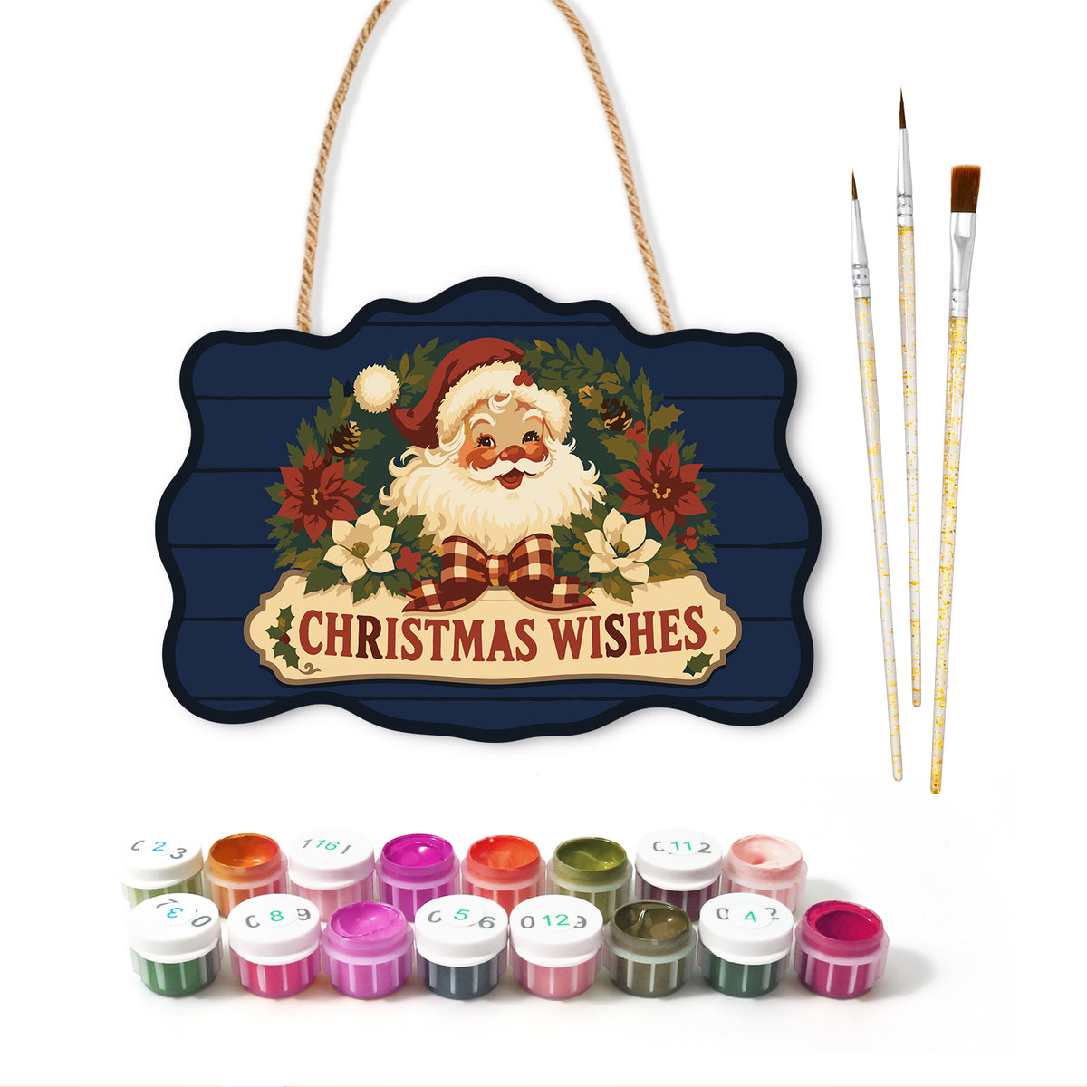 Santa floral wishes paint by numbers door hanger with paints and brushes