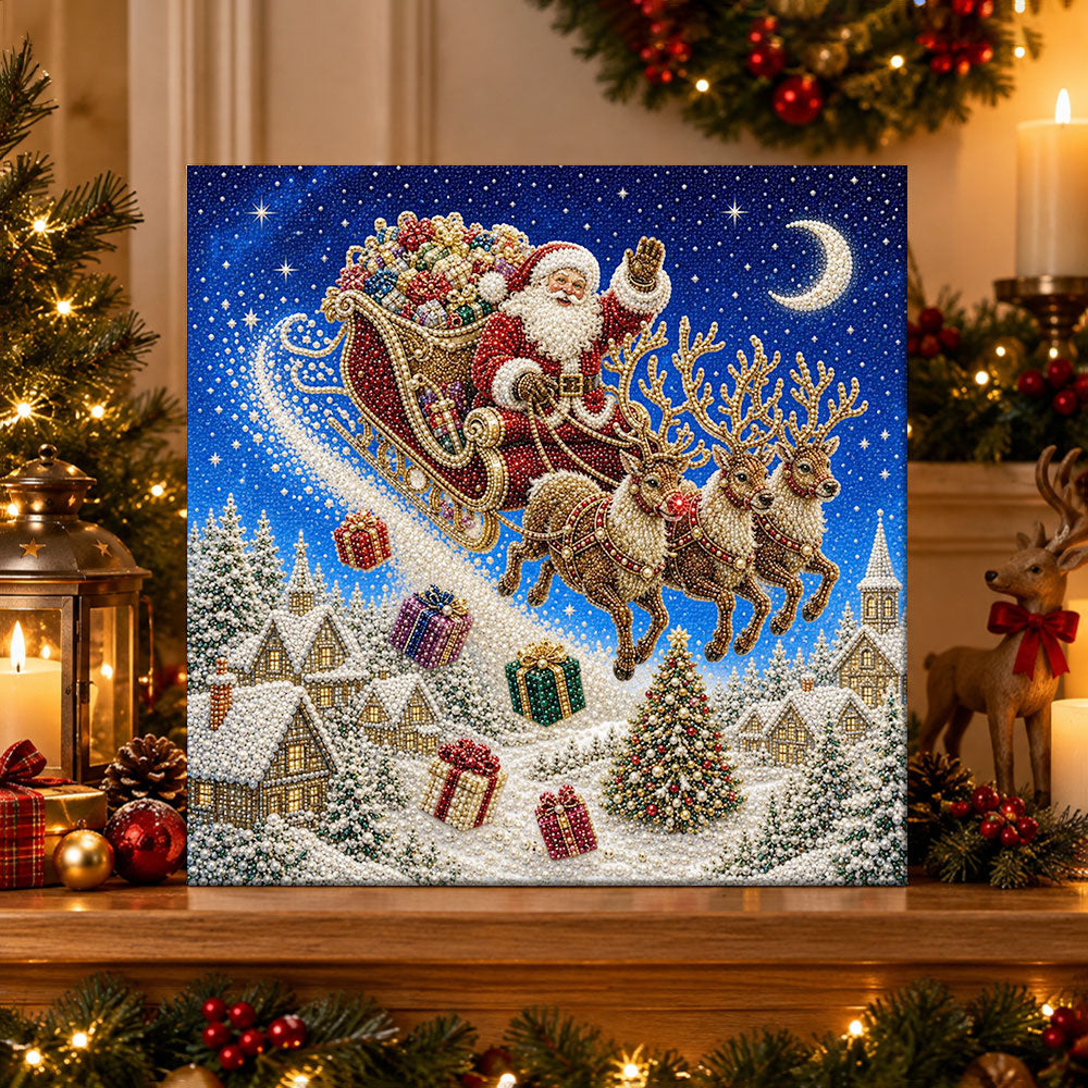 Finished santa flying on moonlit sky pearl diamond painting artwork displayed as holiday home decor