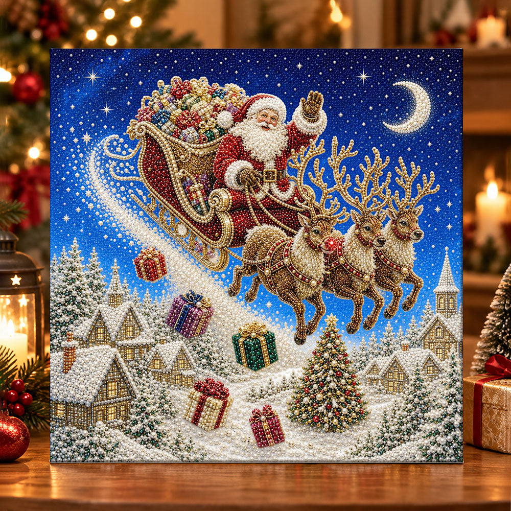 Santa flying on moonlit sky pearl diamond painting kit for beginners