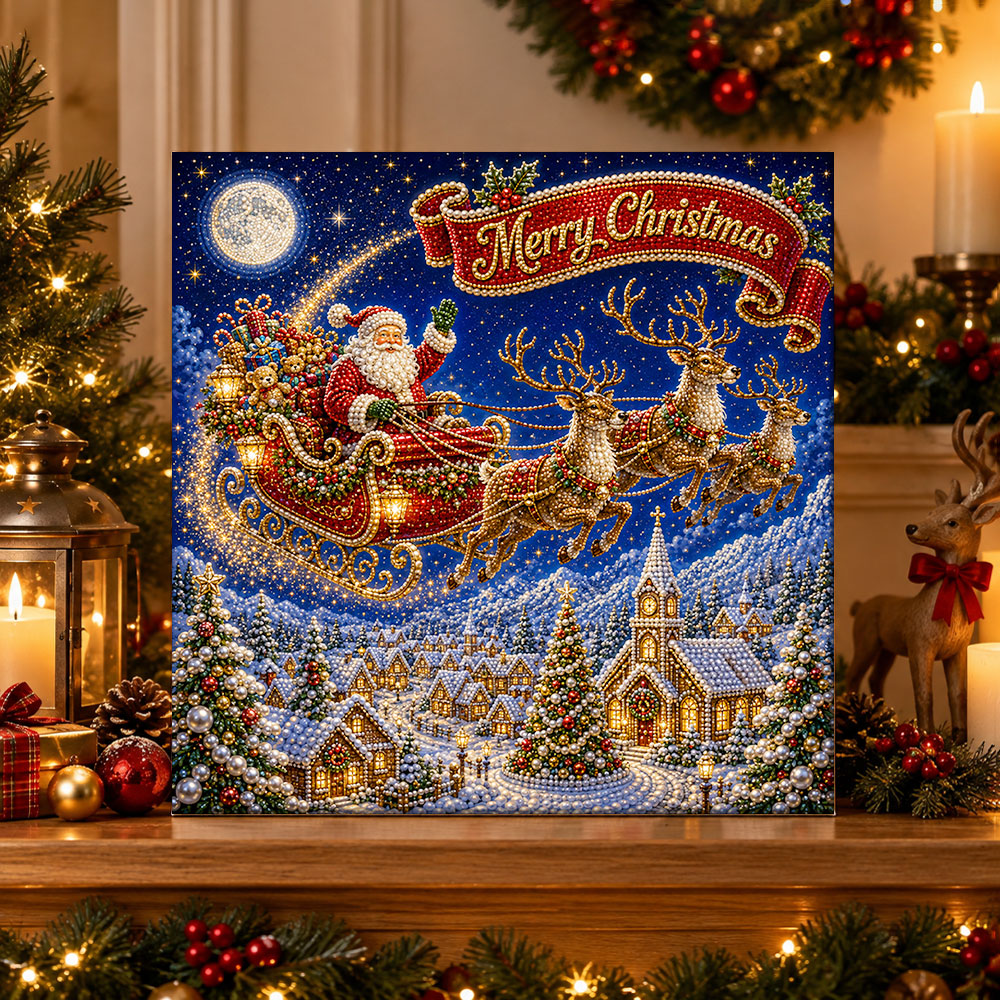 Finished santa flying over snowy village pearl diamond painting artwork displayed as holiday home decor