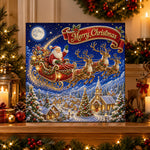 Finished santa flying over snowy village pearl diamond painting artwork displayed as holiday home decor