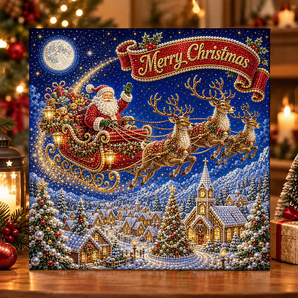 Santa flying over snowy village pearl diamond painting kit for beginners