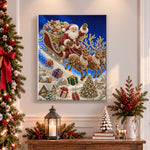 Finished santa flying with reindeer pearl diamond painting artwork displayed as holiday home decor