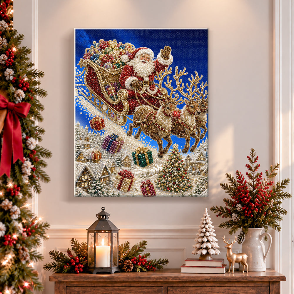 Finished santa flying with reindeer pearl diamond painting artwork displayed as holiday home decor