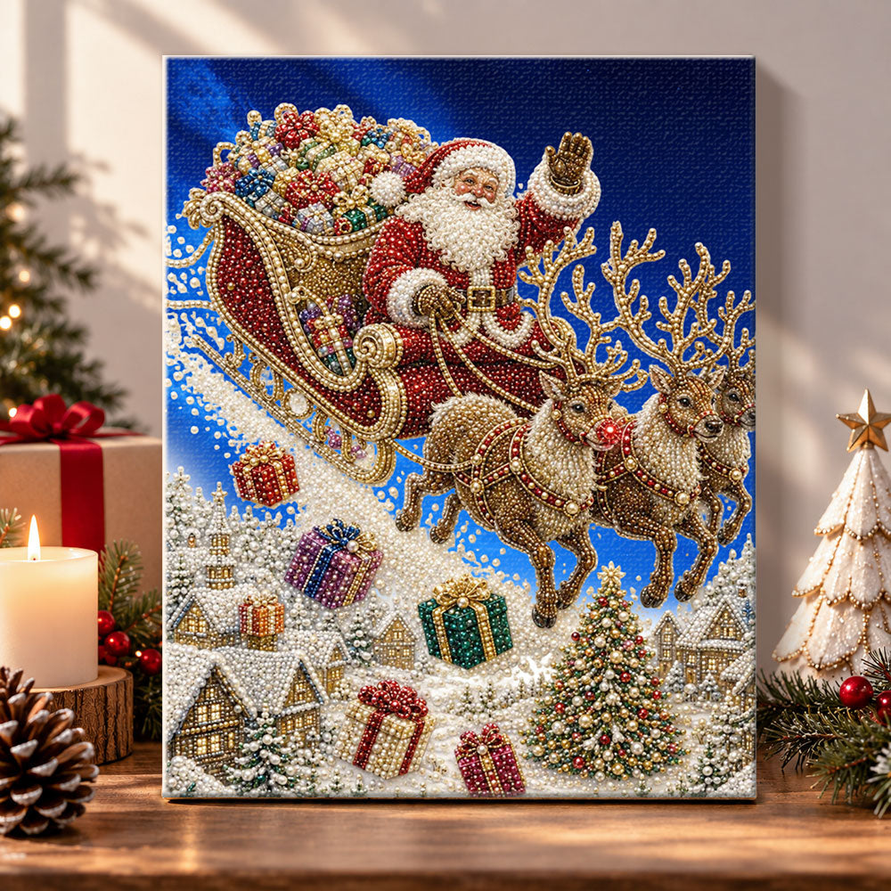 Santa flying with reindeer pearl diamond painting kit for beginners