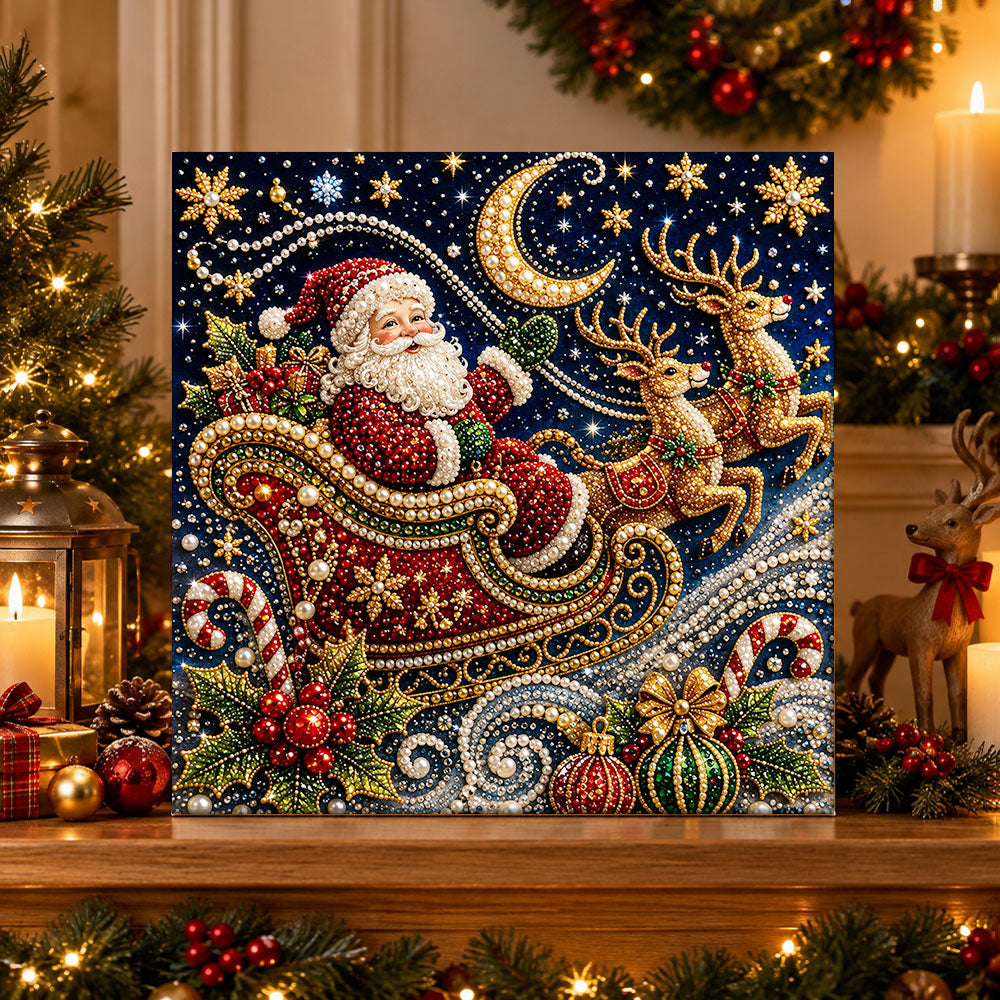 Finished santa flying with reindeers pearl diamond painting artwork displayed as holiday home decor