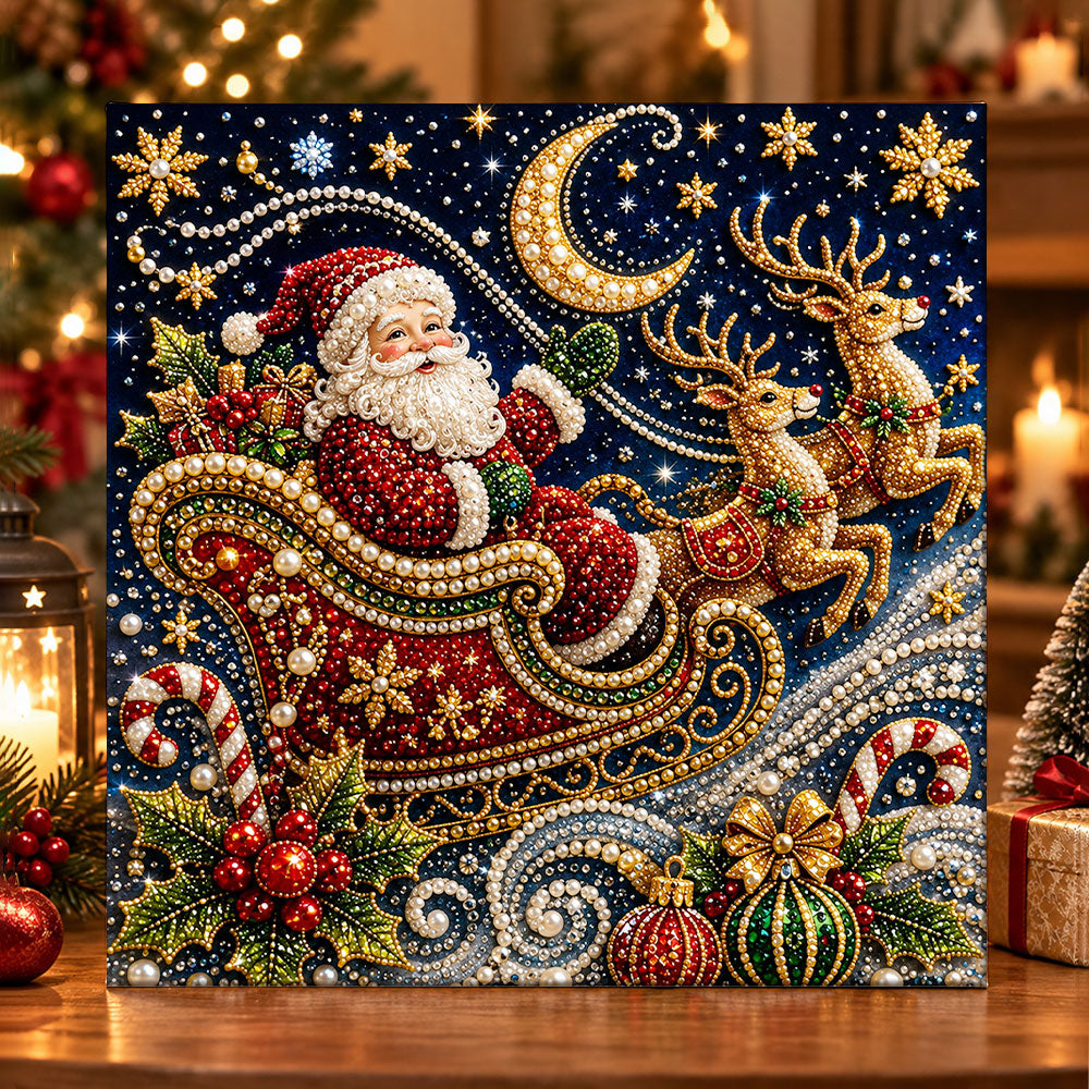 Santa flying with reindeers pearl diamond painting kit for beginners