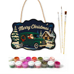Santa green delivery van paint by numbers door hanger with paints and brushes
