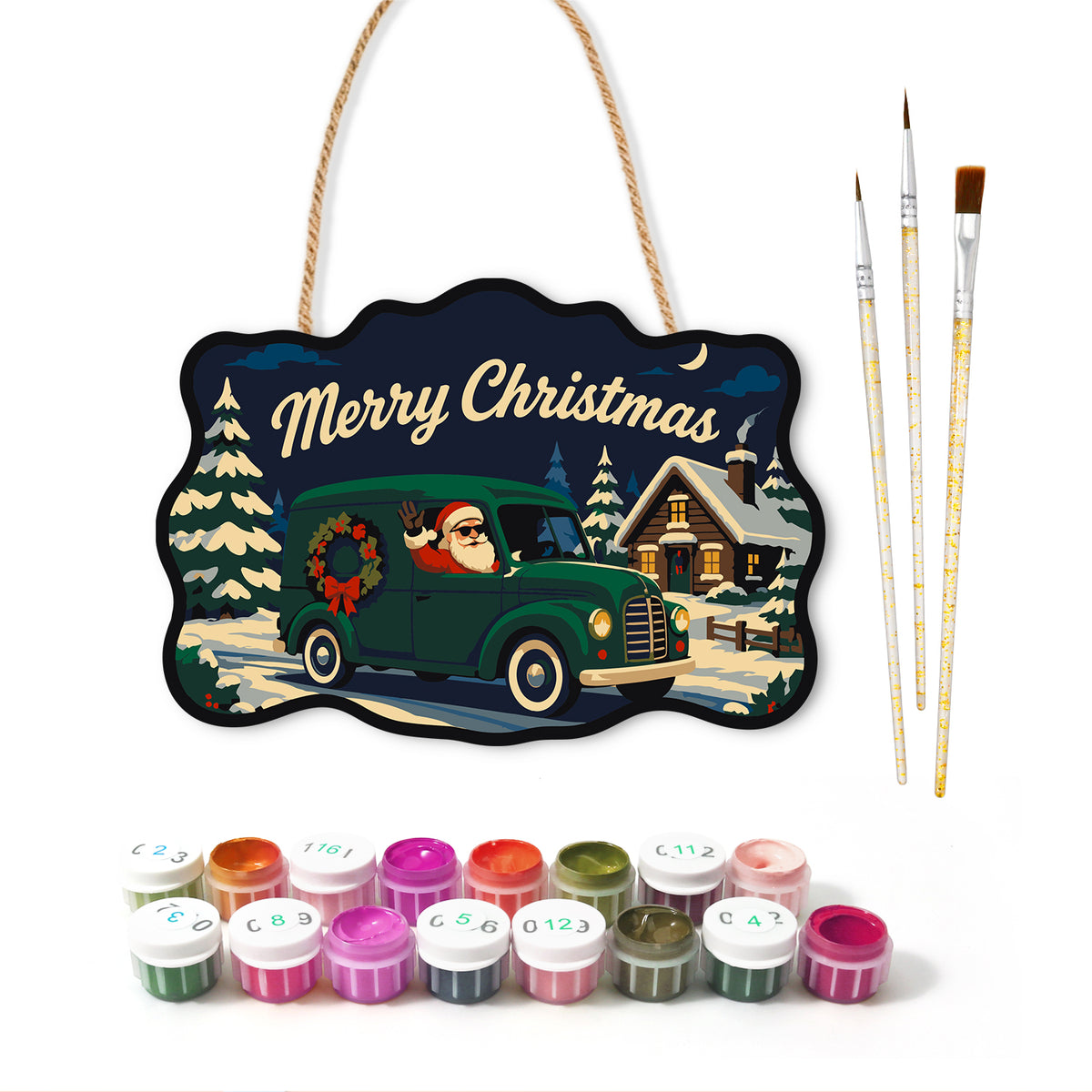 Santa green delivery van paint by numbers door hanger with paints and brushes