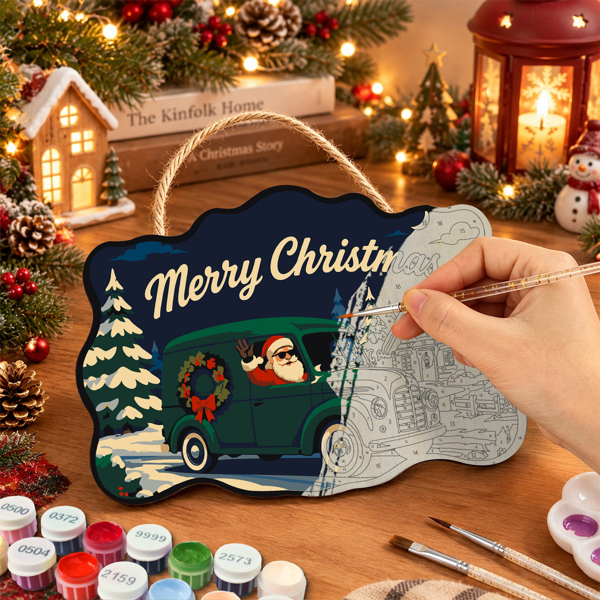 Santa green delivery van paint by numbers door hanger painting process