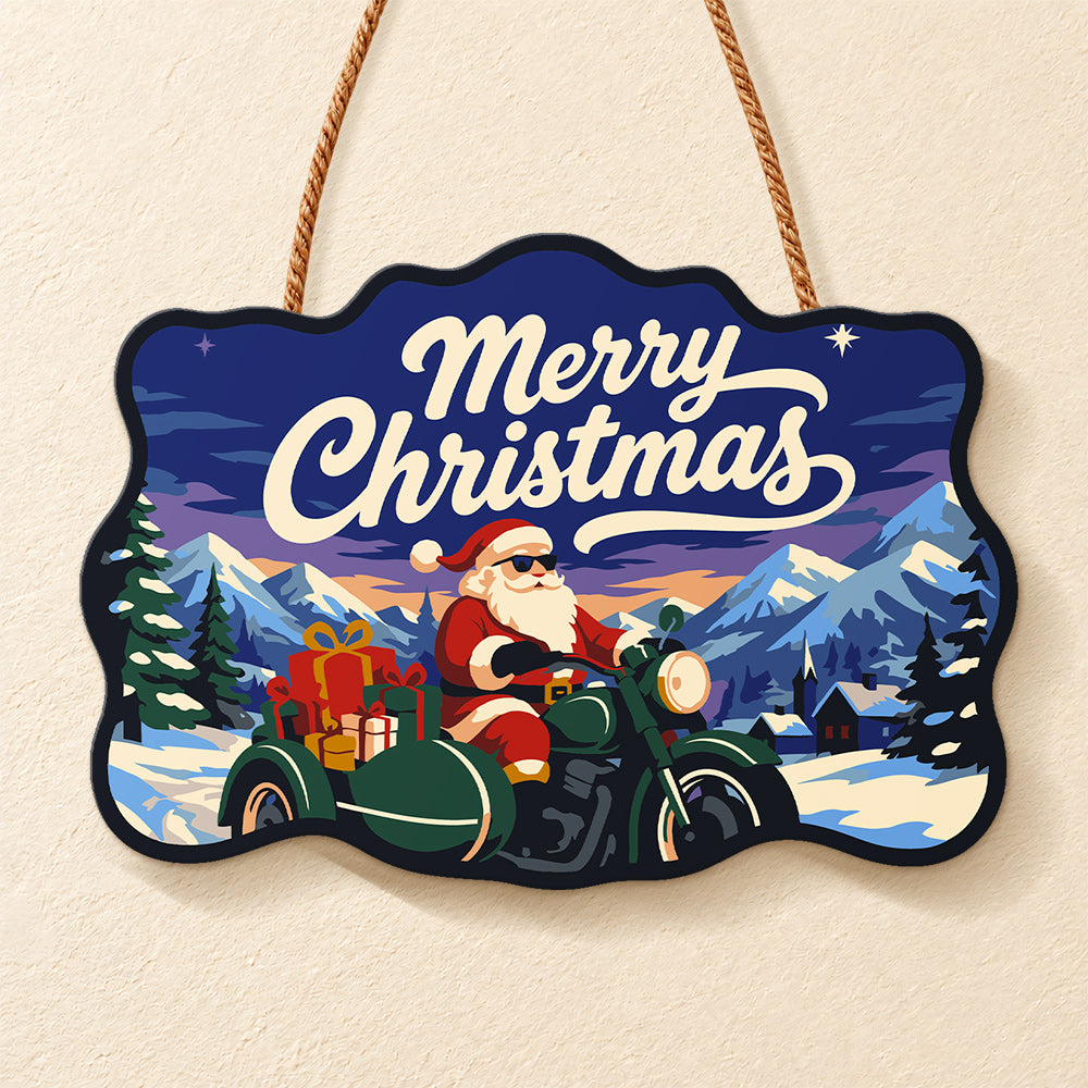 Santa green sidecar motorcycle paint by numbers door hanger finished design