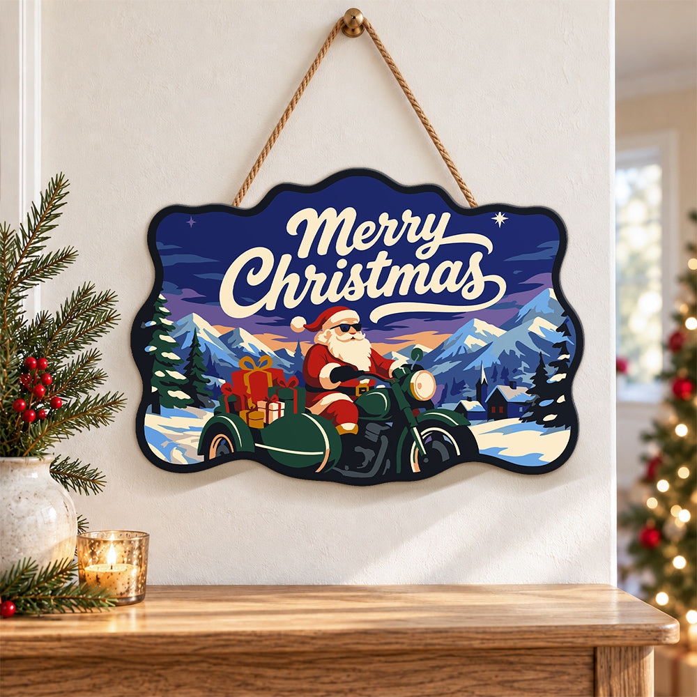 Santa green sidecar motorcycle paint by numbers door hanger as indoor wall decor
