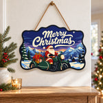 Santa green sidecar motorcycle paint by numbers door hanger as indoor wall decor