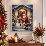 Finished santa greeting the snowman pearl diamond painting artwork displayed as holiday home decor