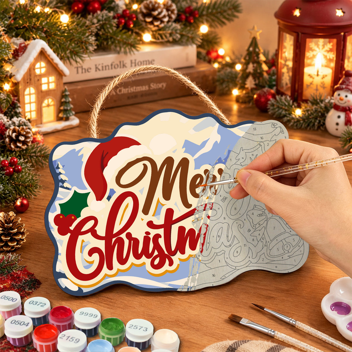 Santa hat christmas paint by numbers door hanger painting process