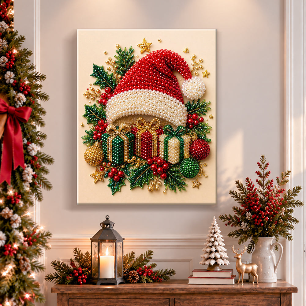 Finished santa hat festive vibe pearl diamond painting artwork displayed as holiday home decor