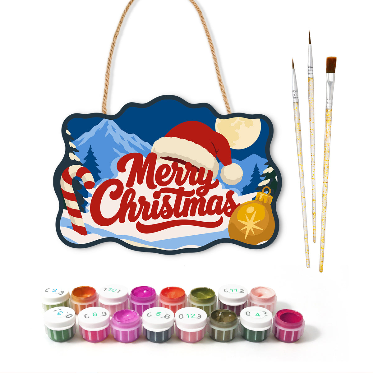 Santa hat mountain merry christmas paint by numbers door hanger with paints and brushes