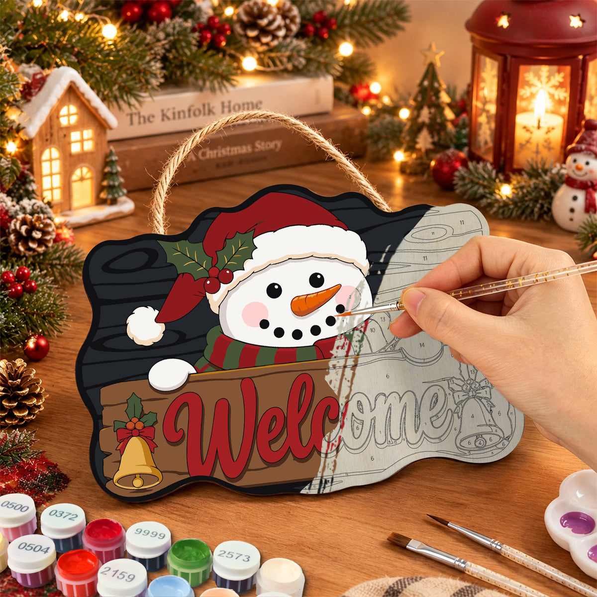 Santa hat snowman paint by numbers door hanger painting process