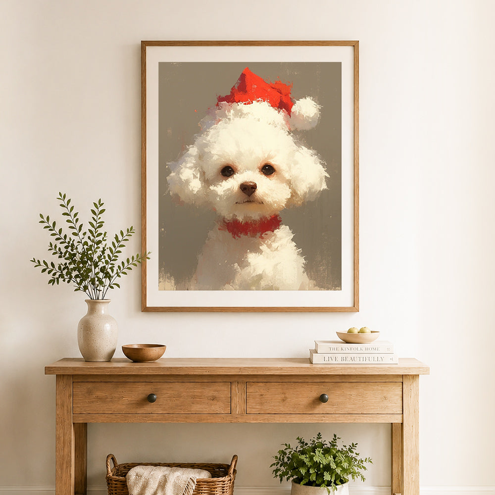 Finished santa hat white puppy cross stitch artwork displayed as home decor