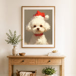 Finished santa hat white puppy cross stitch artwork displayed as home decor