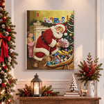 Finished santa hiding christmas gifts pearl diamond painting artwork displayed as holiday home decor