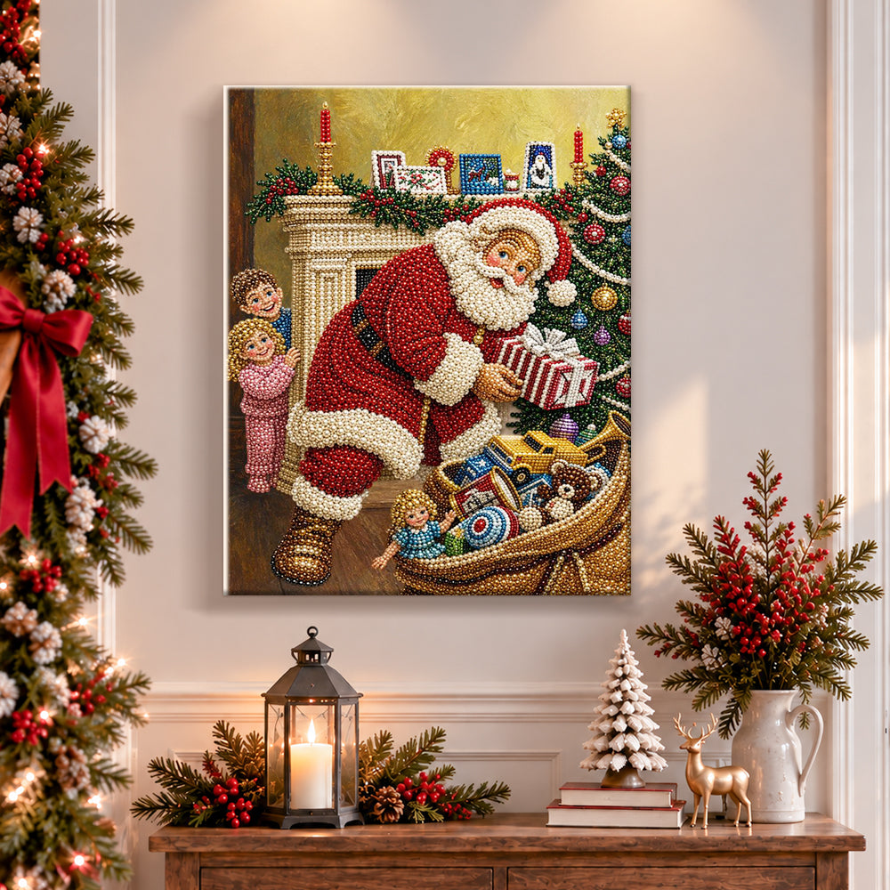 Finished santa hiding christmas gifts pearl diamond painting artwork displayed as holiday home decor